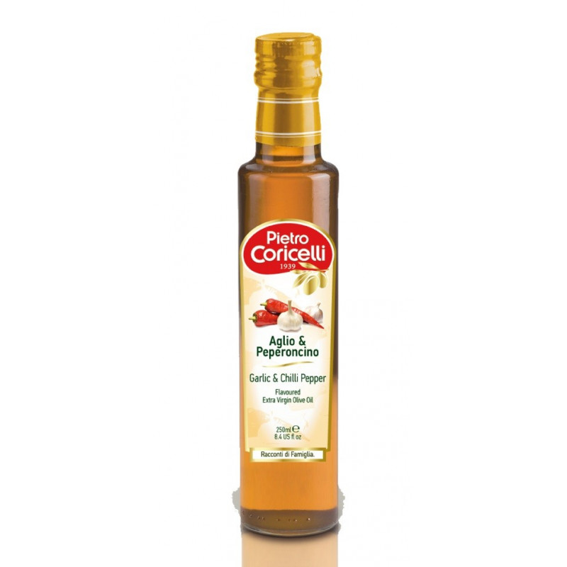 Condimento con Olio Extra Vergine di Oliva Aromatizzato all'Aglio e Peperoncino 250 ml - Pietro Coricelli